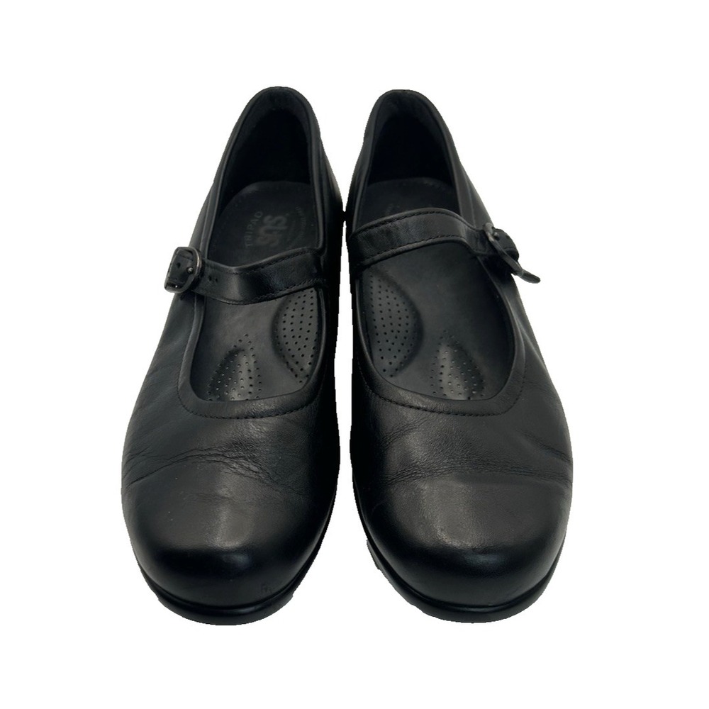 Sas Black Maria Jane Style Black Leather Size 9W Comfort Buckle Low Heel